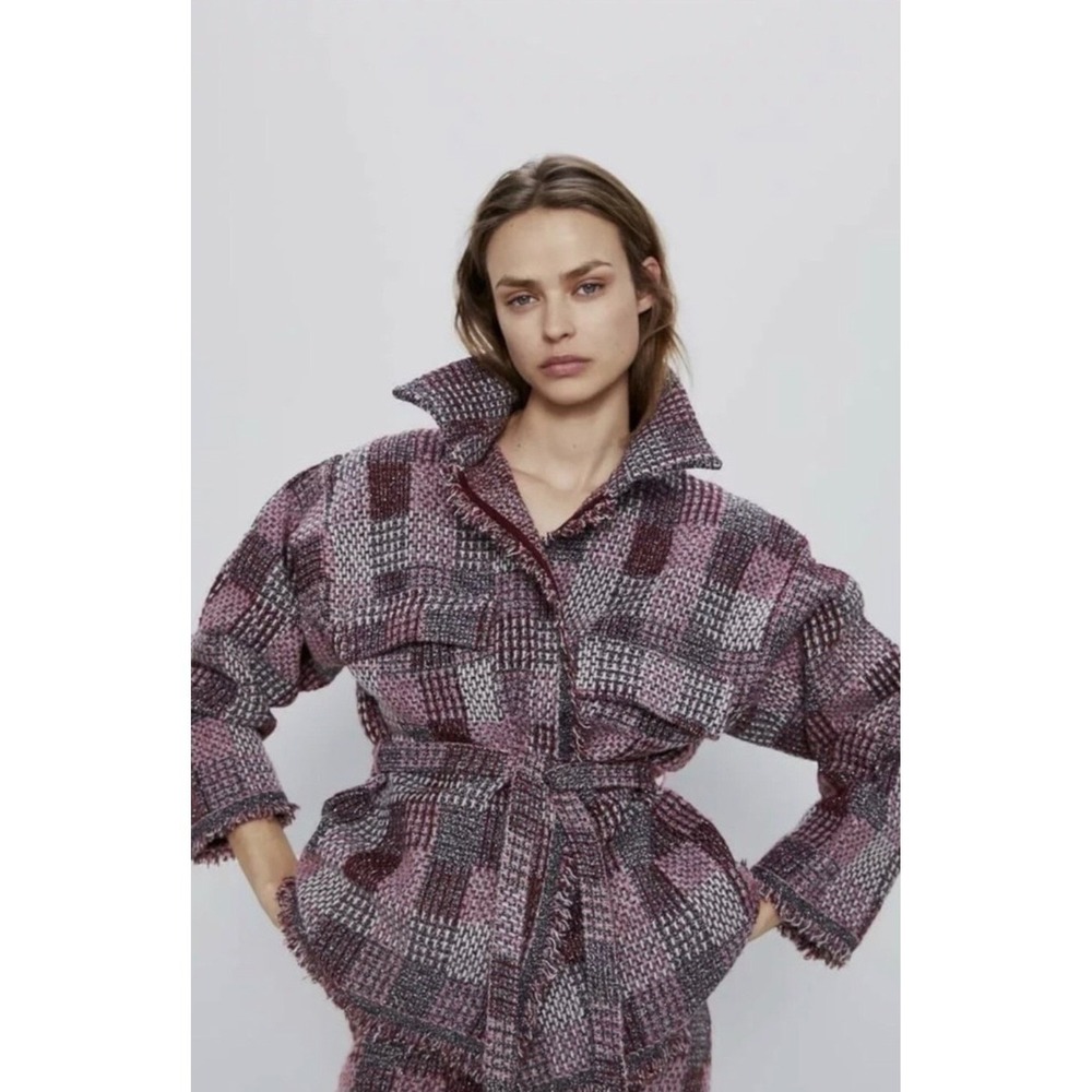 Zara Pink Metallic Tweed Plaid Fringe Belted Shirt Jacket Size M NWT - Picture 3 of 13